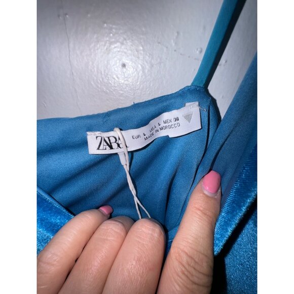 Zara‎ Blue Velvet Spaghetti Strap Midi Dress Size Large Rhinestone Sexy Stretch - Picture 5 of 8